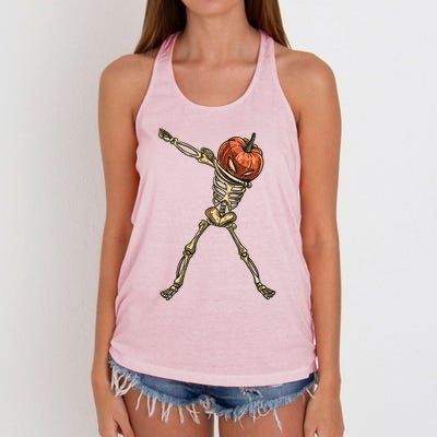 Funny Dabbing Skeleton Pumpkin Orange Lantern Print Gift Women's Knotted Racerback Tank