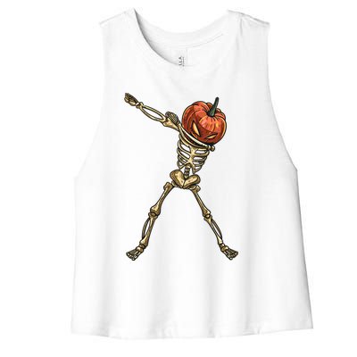 Funny Dabbing Skeleton Pumpkin Orange Lantern Print Gift Women's Racerback Cropped Tank