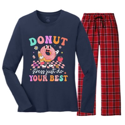 Funny Donut Stress Just Do Your Best Test Day Women's Long Sleeve Flannel Pajama Set 