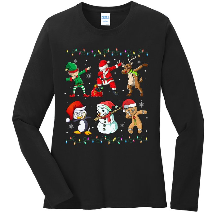 Festive Dabbing Santa Elf Friends Holiday Presents Ladies Long Sleeve Shirt