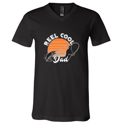 Father's Day Sunset Reel Cool Dad Real Funny Fishing Pun Gift Fishing Dad V-Neck T-Shirt