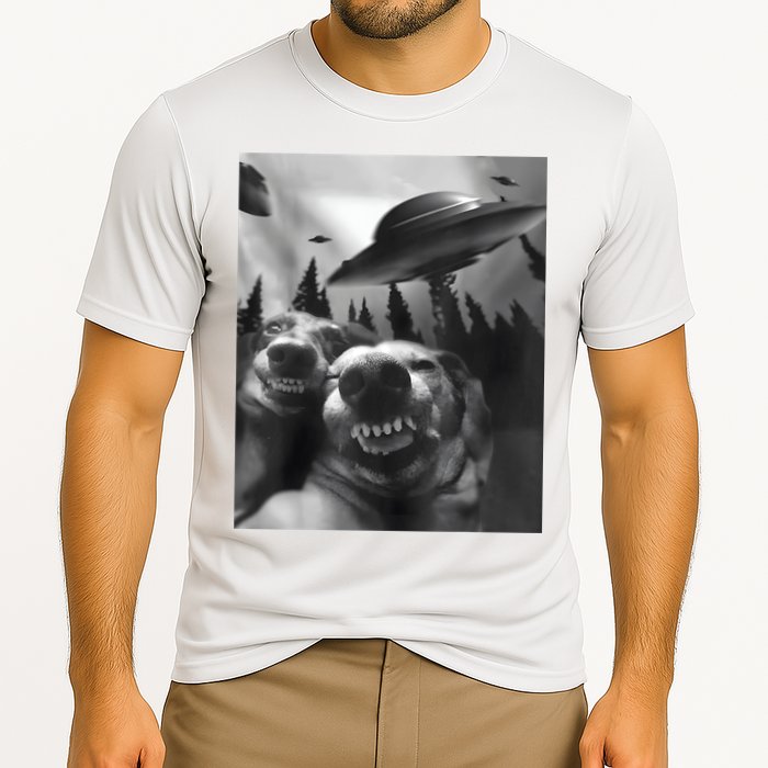 Funny Dogs Selfie With UFOs Cooling Performance Crew T-Shirt
