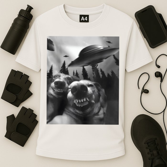 Funny Dogs Selfie With UFOs Cooling Performance Crew T-Shirt