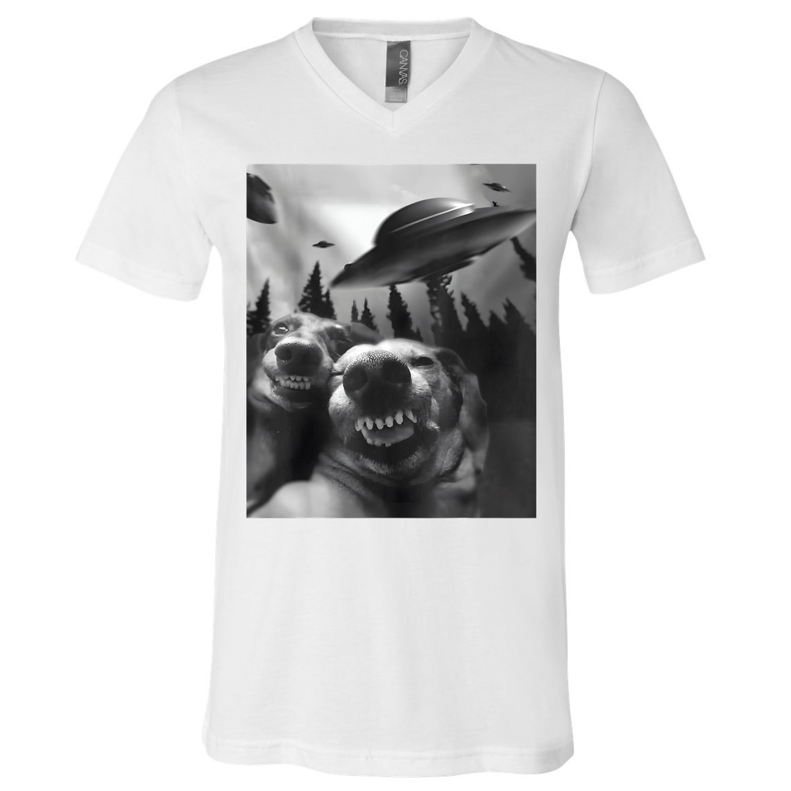 Funny Dogs Selfie With UFOs V-Neck T-Shirt
