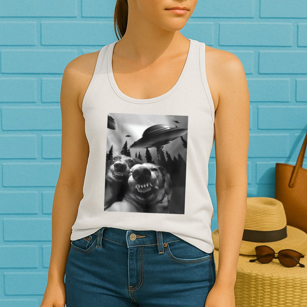 Funny Dogs Selfie With UFOs Womens Tank Top