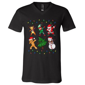 Festive Dabbing Santa Elf and Deer for Christmas V-Neck T-Shirt