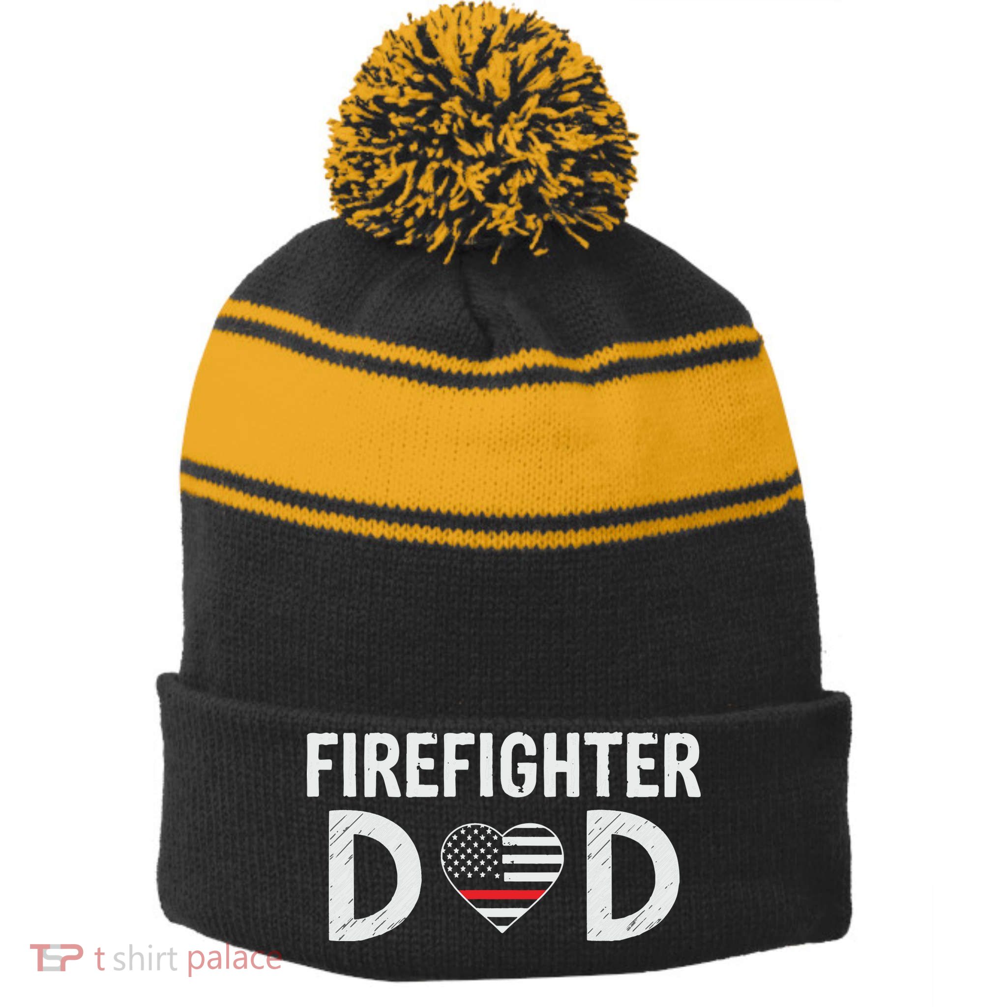 Firefighter Dad Support The Thin Red Line USA Flag Stripe Pom Pom Beanie