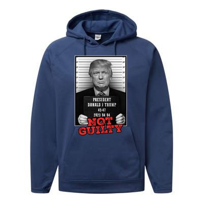 Funny Donald Trump Not Guilty Mug Shot Free Trump 2024 Performance Fleece Hoodie