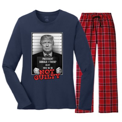 Funny Donald Trump Not Guilty Mug Shot, Free Trump 2024 Women's Long Sleeve Flannel Pajama Set 