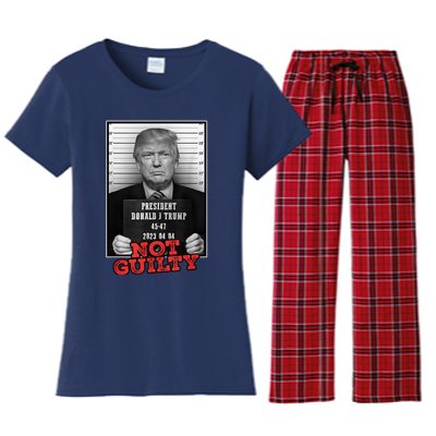 Funny Donald Trump Not Guilty Mug Shot, Free Trump 2024 Women's Flannel Pajama Set