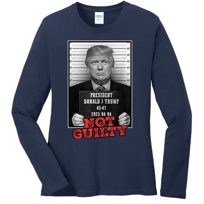 Funny Donald Trump Not Guilty Mug Shot, Free Trump 2024 Ladies Long Sleeve Shirt