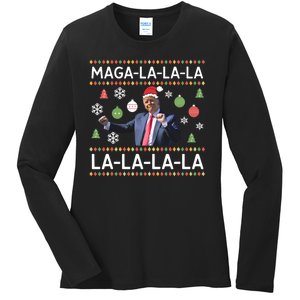 Funny Donald Trump Ugly Christmas Sweater. Maga La La La Ladies Long Sleeve Shirt