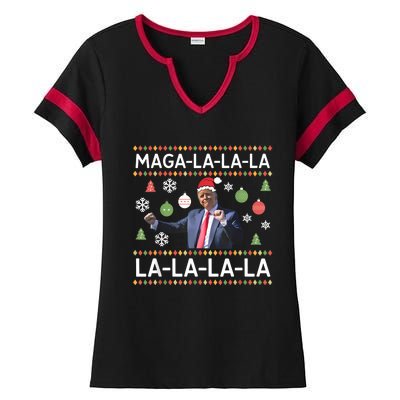 Funny Donald Trump Ugly Christmas Sweater. Maga La La La Ladies Halftime Notch Neck Tee