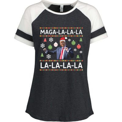 Funny Donald Trump Ugly Christmas Sweater. Maga La La La Enza Ladies Jersey Colorblock Tee