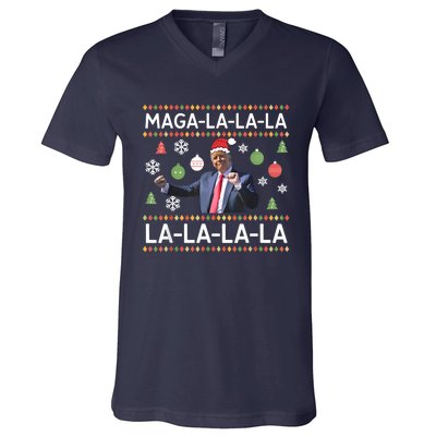 Funny Donald Trump Ugly Christmas Sweater. Maga La La La V-Neck T-Shirt