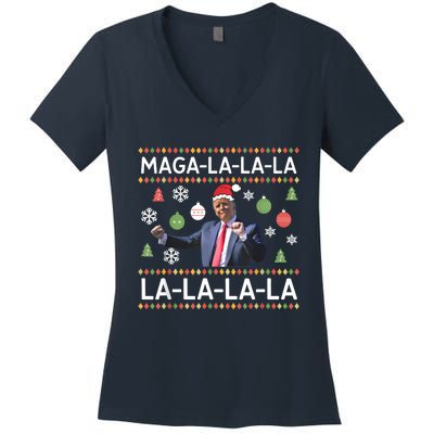 Funny Donald Trump Ugly Christmas Sweater. Maga La La La Women's V-Neck T-Shirt