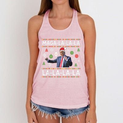 Funny Donald Trump Ugly Christmas Sweater. Maga La La La Women's Knotted Racerback Tank