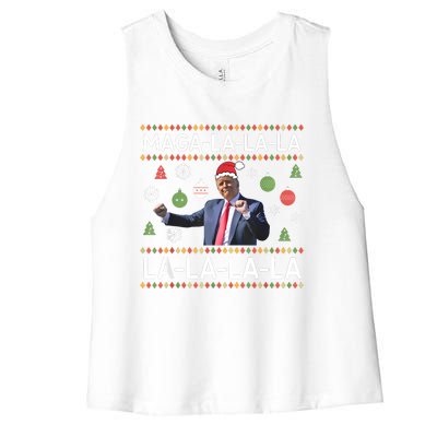 Funny Donald Trump Ugly Christmas Sweater. Maga La La La Women's Racerback Cropped Tank