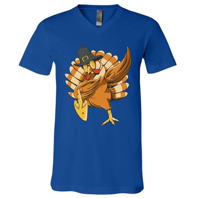 Funny Dabbing Turkey Adult Matching Thanksgiving Gift V-Neck T-Shirt