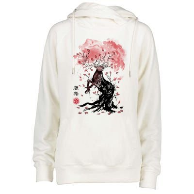 Fantasy Deer Tree Japanese Style Art Picture Painting Womens Funnel Neck Pullover Hood