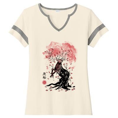 Fantasy Deer Tree Japanese Style Art Picture Painting Ladies Halftime Notch Neck Tee