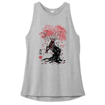 Fantasy Deer Tree Japanese Style Art Picture Painting Ladies PosiCharge Tri-Blend Wicking Tank