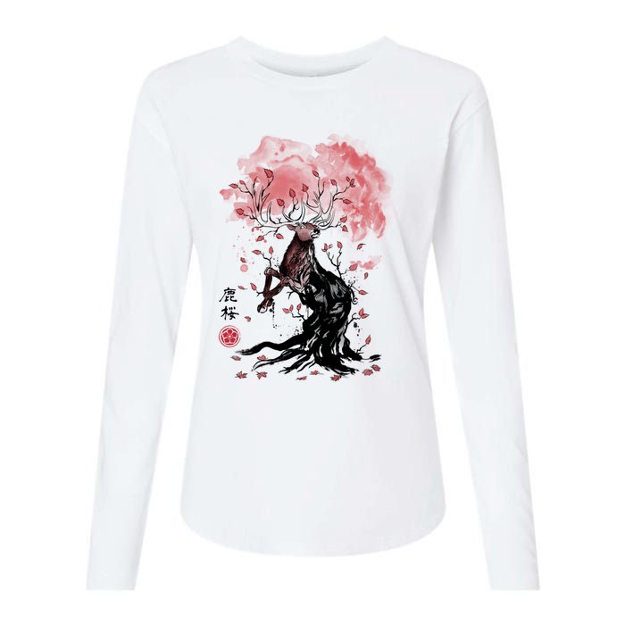 Fantasy Deer Tree Japanese Style Art Picture Painting Womens Cotton Relaxed Long Sleeve T-Shirt