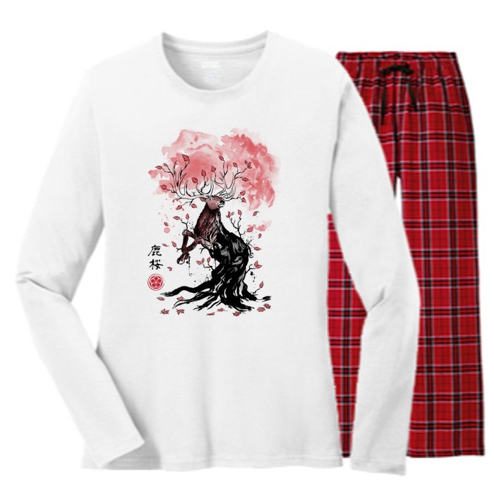 Fantasy Deer Tree Japanese Style Art Picture Painting Women's Long Sleeve Flannel Pajama Set 