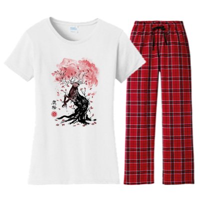 Fantasy Deer Tree Japanese Style Art Picture Painting Women's Flannel Pajama Set