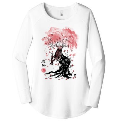 Fantasy Deer Tree Japanese Style Art Picture Painting Women's Perfect Tri Tunic Long Sleeve Shirt