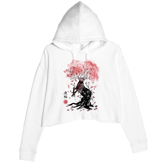 Fantasy Deer Tree Japanese Style Art Picture Painting Crop Fleece Hoodie