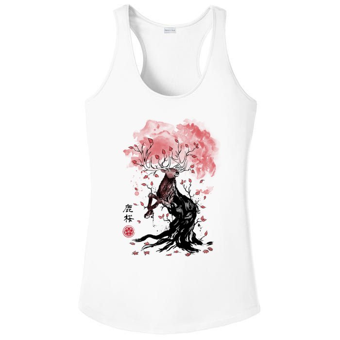 Fantasy Deer Tree Japanese Style Art Picture Painting Ladies PosiCharge Competitor Racerback Tank