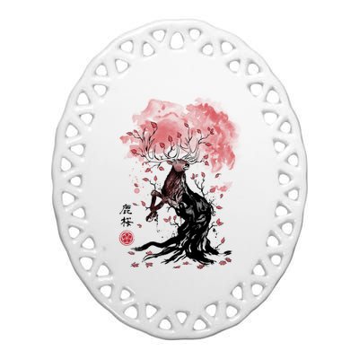 Fantasy Deer Tree Japanese Style Art Picture Painting Ceramic Oval Ornament