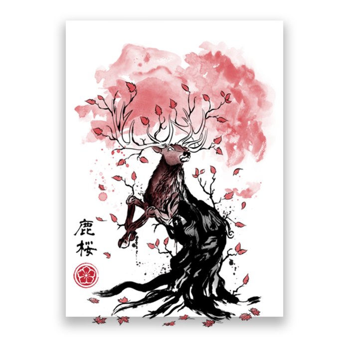 Fantasy Deer Tree Japanese Style Art Picture Painting Poster