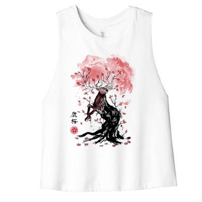 Fantasy Deer Tree Japanese Style Art Picture Painting Women's Racerback Cropped Tank