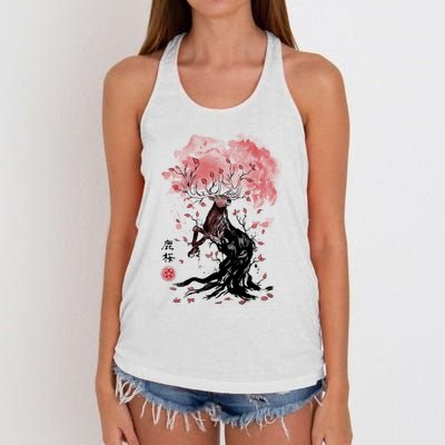 Fantasy Deer Tree Japanese Style Art Picture Painting Women's Knotted Racerback Tank