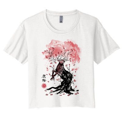 Fantasy Deer Tree Japanese Style Art Picture Painting Women's Crop Top Tee