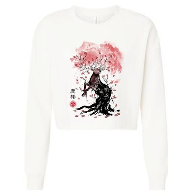 Fantasy Deer Tree Japanese Style Art Picture Painting Cropped Pullover Crew