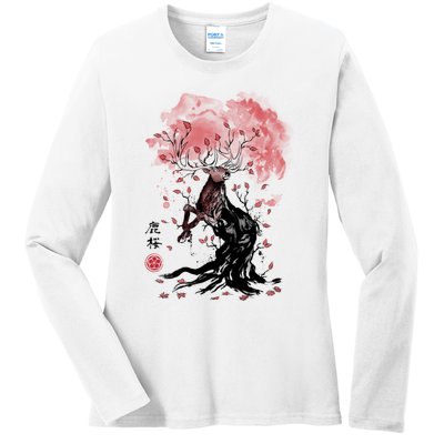 Fantasy Deer Tree Japanese Style Art Picture Painting Ladies Long Sleeve Shirt