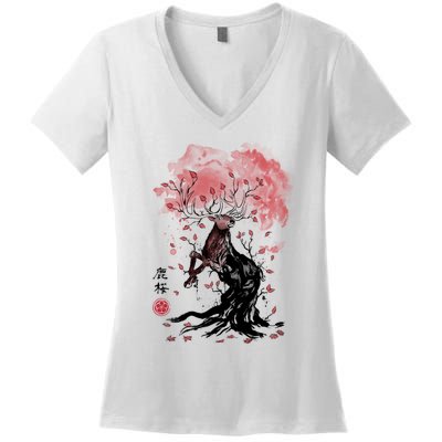 Fantasy Deer Tree Japanese Style Art Picture Painting Women's V-Neck T-Shirt