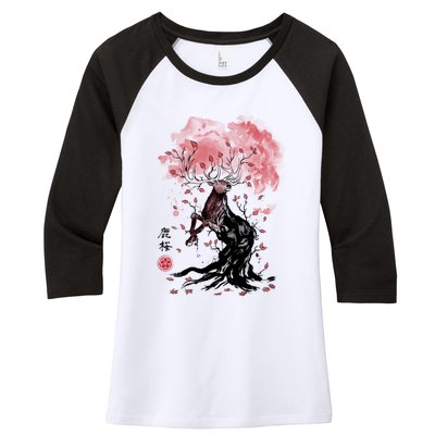 Fantasy Deer Tree Japanese Style Art Picture Painting Women's Tri-Blend 3/4-Sleeve Raglan Shirt