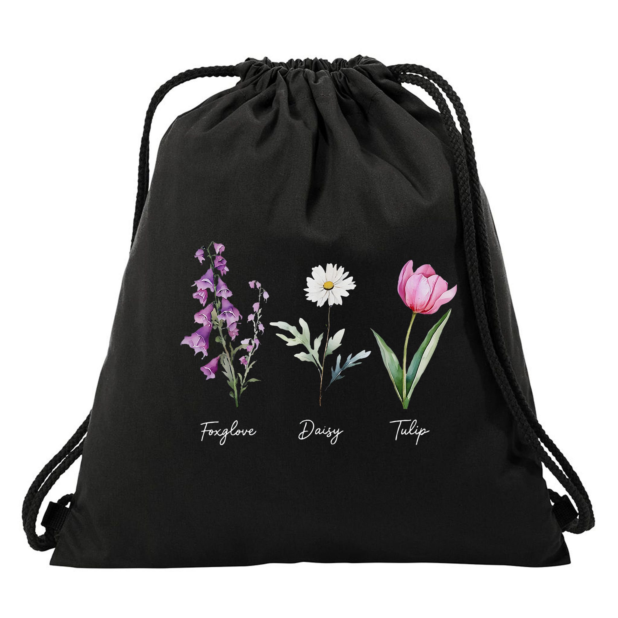 Foxglove Daisy Tulip Floral  Drawstring Bag