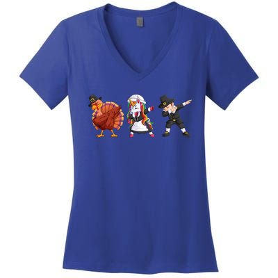 Funny Dabbing Turkey Unicorn Pilgrim Happy Thanksgiving Cute Gift Women's V-Neck T-Shirt