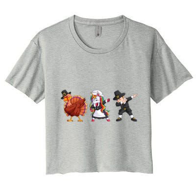 Funny Dabbing Turkey Unicorn Pilgrim Happy Thanksgiving Cute Gift Women's Crop Top Tee