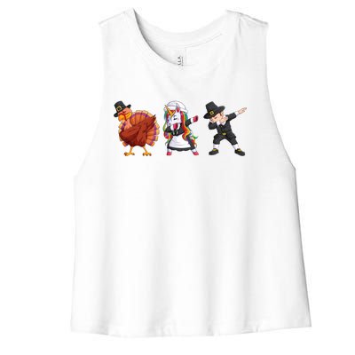 Funny Dabbing Turkey Unicorn Pilgrim Happy Thanksgiving Cute Gift Women's Racerback Cropped Tank