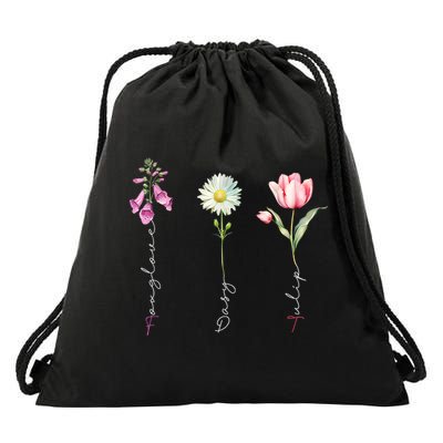 Foxglove Daisy Tulip Floral Drawstring Bag