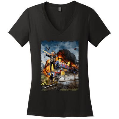 Funny Donald Trump 2024 Election All Aboard The Trump Train Gift Women's V-Neck T-Shirt