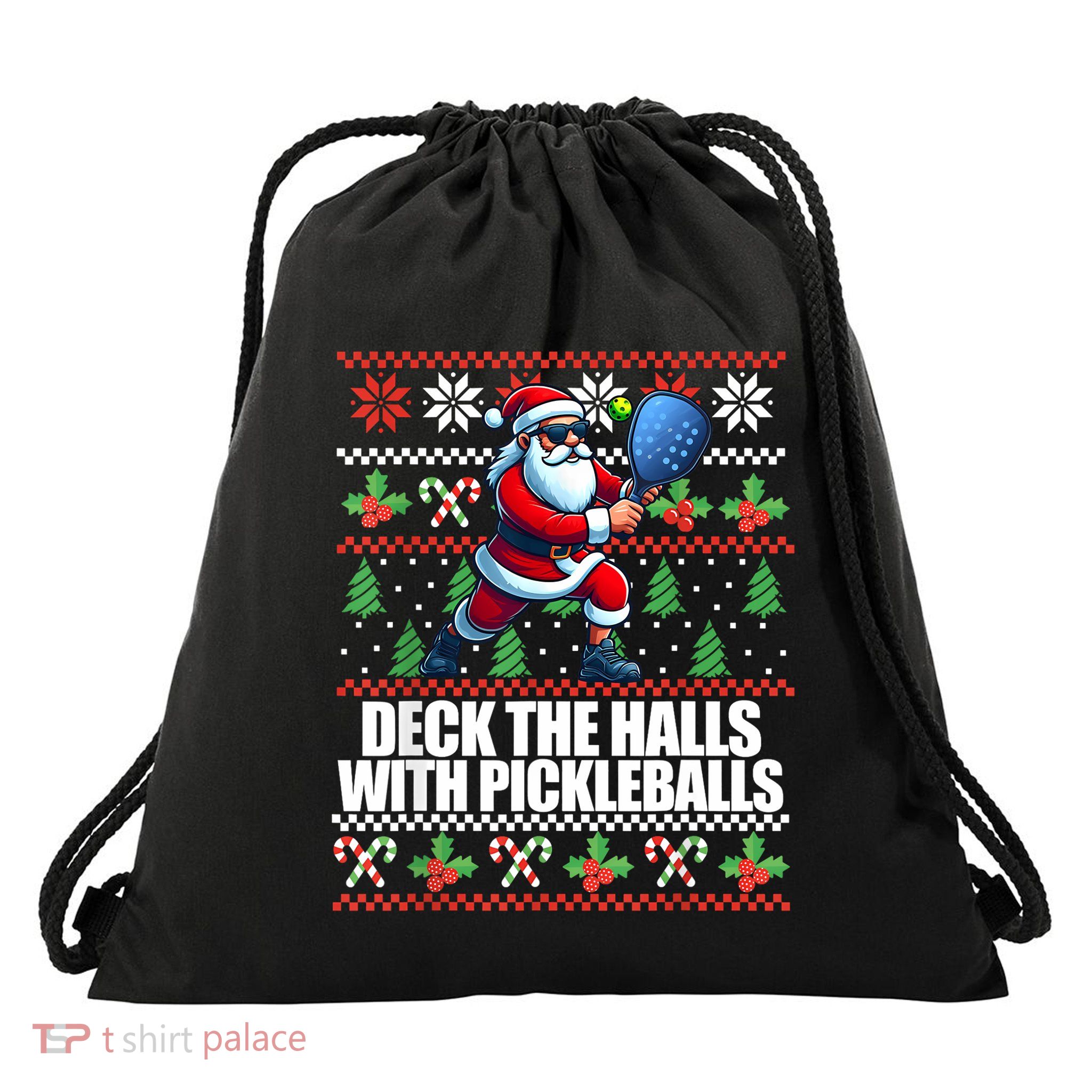 Funny Deck The Halls Ugly Christmas Sweater Pickleball Memes Drawstring Bag