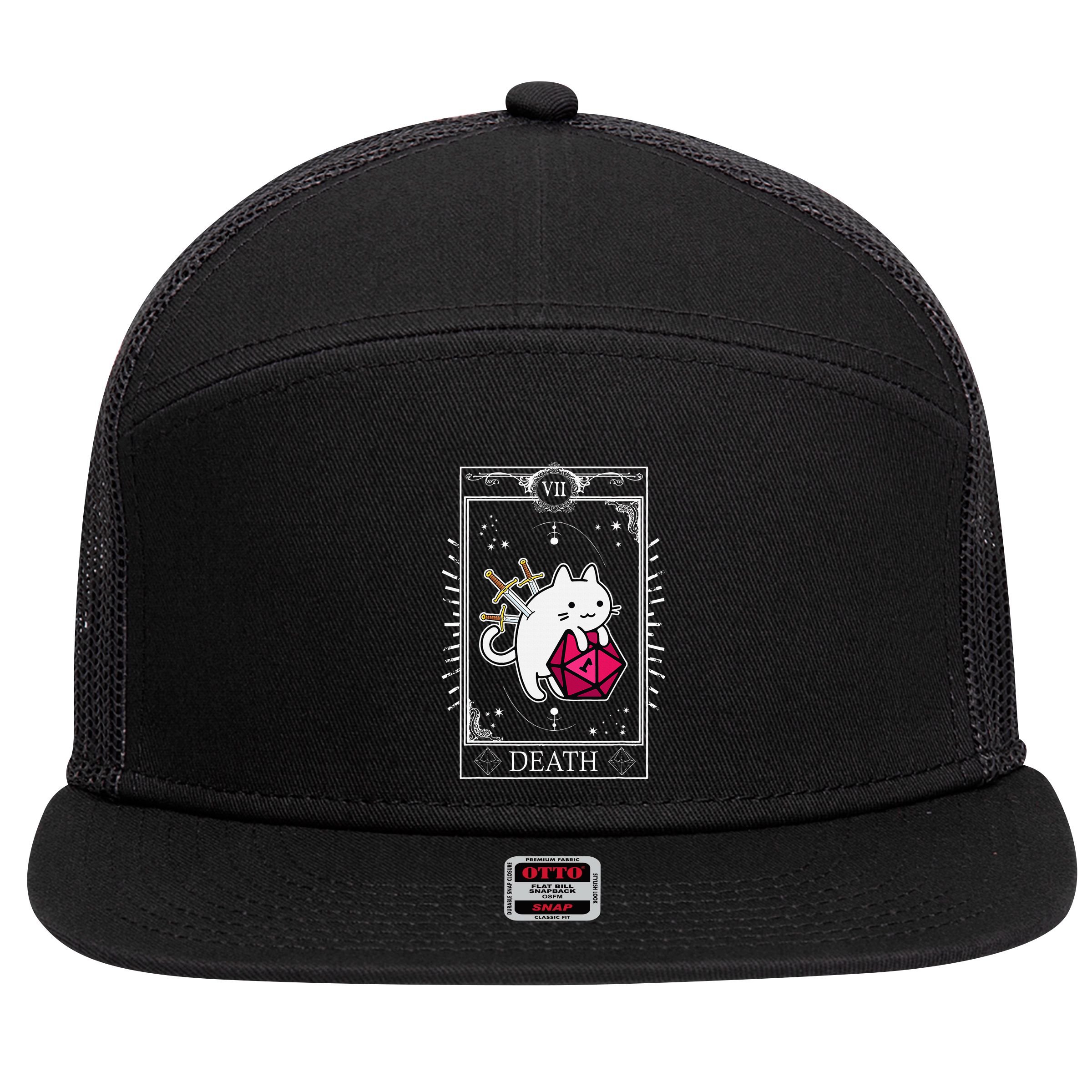 Funny Dungeon Tarot Card Cat Dice D20 7 Panel Mesh Trucker Snapback Hat