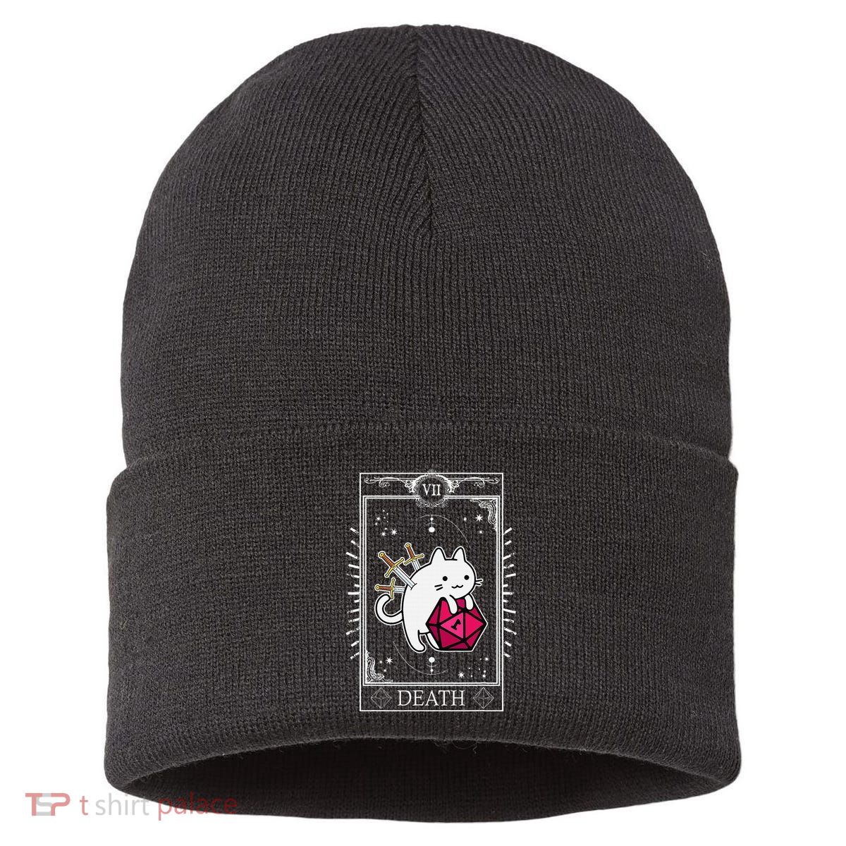 Funny Dungeon Tarot Card Cat Dice D20 Sustainable Knit Beanie